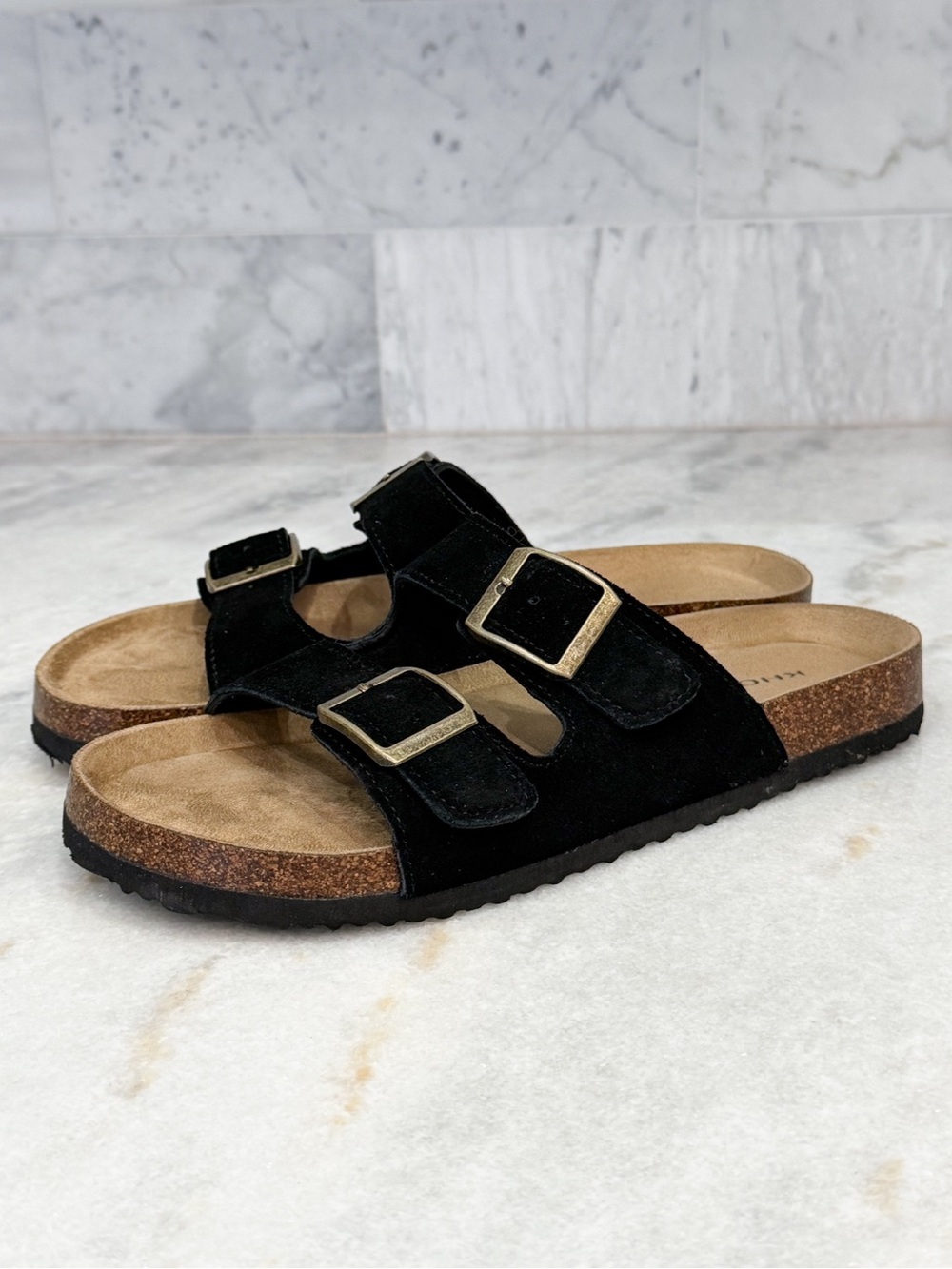 KHOMBU Women’s Black Suede Double Buckle Slide Sandals Size 7 - Picture 2 of 9